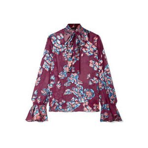 NWT SALONI Lauren Blouse Plum Floral Silk Tie Neck Bell Sleeve Ruffle Sheer Sz 2